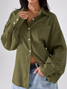 LYSMO 2026新款極簡風春夏女款休閒條紋米色印花寬鬆繫腰露背襯衫，適合上班、通勤與日常穿著，春秋女款上衣襯衫，條紋繫腰上衣 - 綠色 - 查看 5