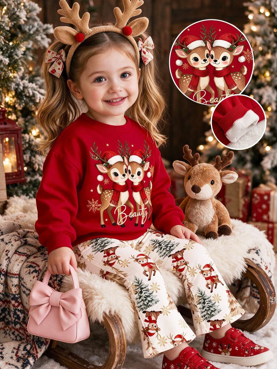 Baby Girl Deer Pattern Long Sleeve Sweatshirt And Autumn Pants Casual Set - Multicolor - View 1