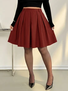 Auralis 春秋新款女款辦公正式百褶中長裙，巧克力棕格紋，優雅通勤風，大尺碼返校秋季款 - 紅色 - 查看 2