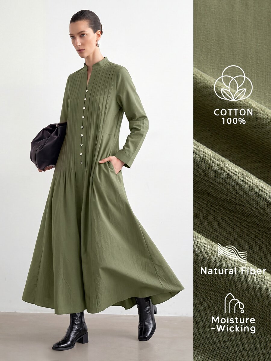Aalyst Women's Minimalist Button Pleated Long Sleeve Dress - Green - View 1