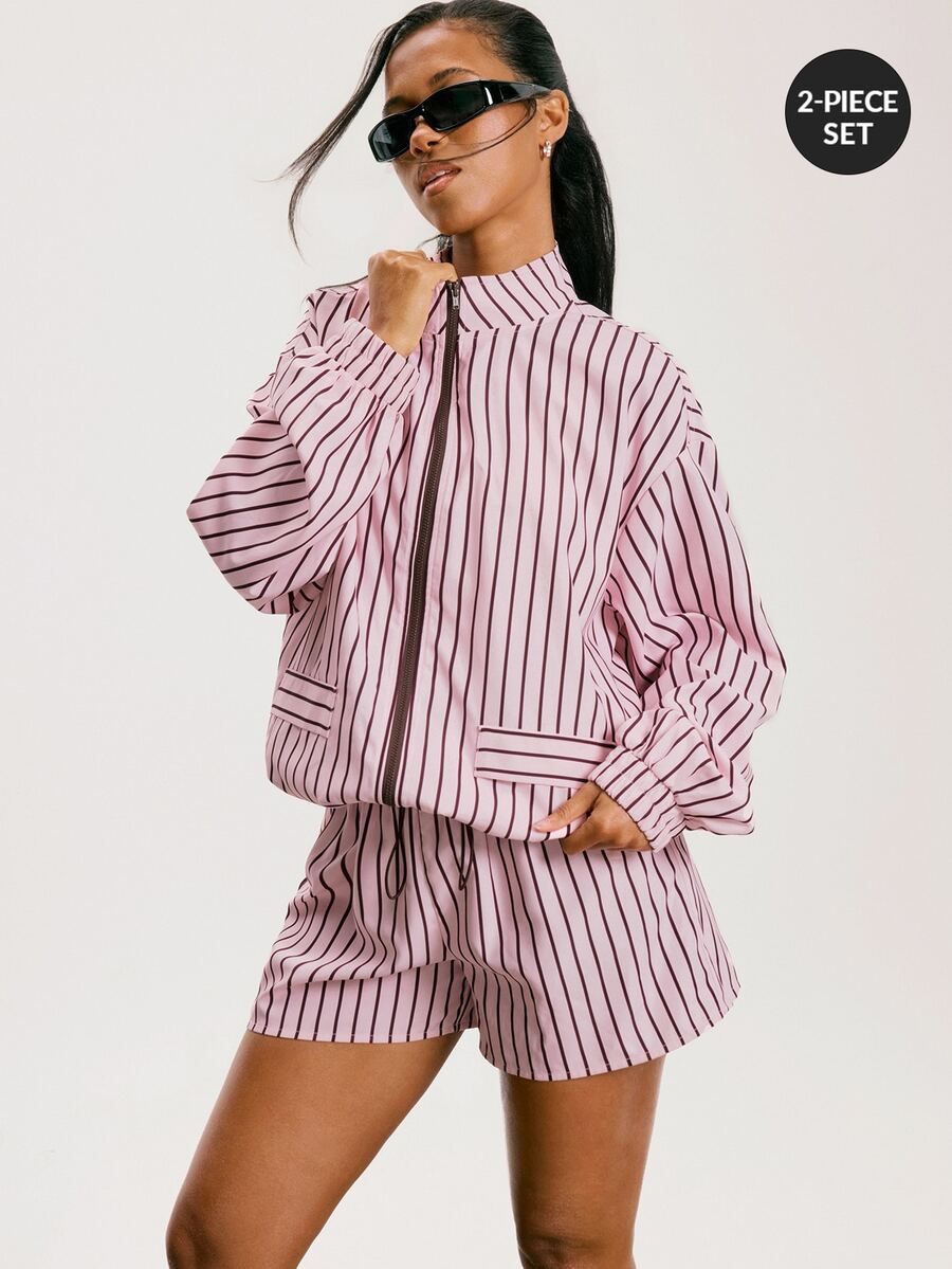 Athîral Women's Striped Long Sleeve Top And Shorts Casual Daily Sports Set - Pink - View 1