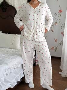 CottageSlumber Plus Size Women's Fine Ribbed Red Bow Cardigan Button Loungewear Set - White - View 3