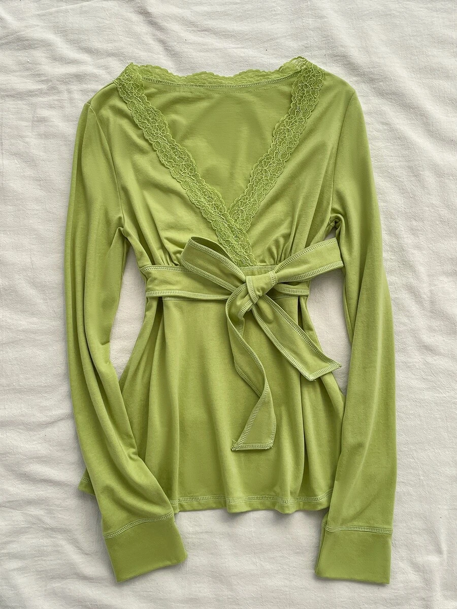 Attitoon Women's Solid Color Contrast Lace V-Neck Long Sleeve Knotted Waist Fashion T-Shirt - Green - View 1