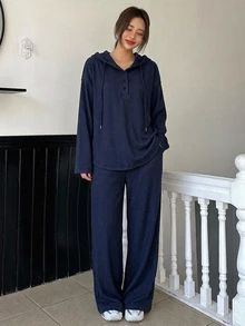 DAZY 女款純色長袖連帽衫與長褲休閒兩件套 - 藏蓝色 - 查看 5