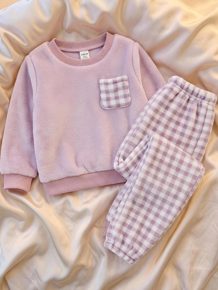 SHEIN Baby Girl Baby Girl Knitted Solid Color Flannel Pullover Long Sleeve Round Neck Top And Plaid Long Pants 2 Pieces Set - Multicolor - View 1