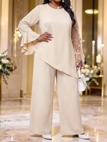 Fleurora Plus Size Women's Patchwork Embroidered Mesh Bell Sleeve Asymmetrical Hem Top And Wide Leg Pants Elegant 2 Pieces Set - Khaki - View 3