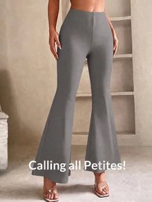 SHEIN PETITE Solid Flare Leg Spring Black Pants - Grey - View 3