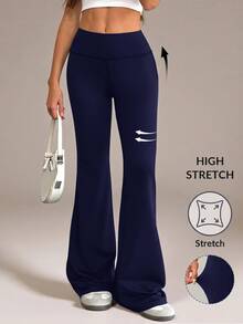 SHEIN Tall Women's Solid Color Slim Fit Versatile Daily Wear Flare Pants - Navy Blue - View 4