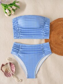 Swim Lushoire Women's Solid Color Bandeau Bikini Set With Double Side Ruched Detail, Beach Summer Outfit - Multicolor - View 3