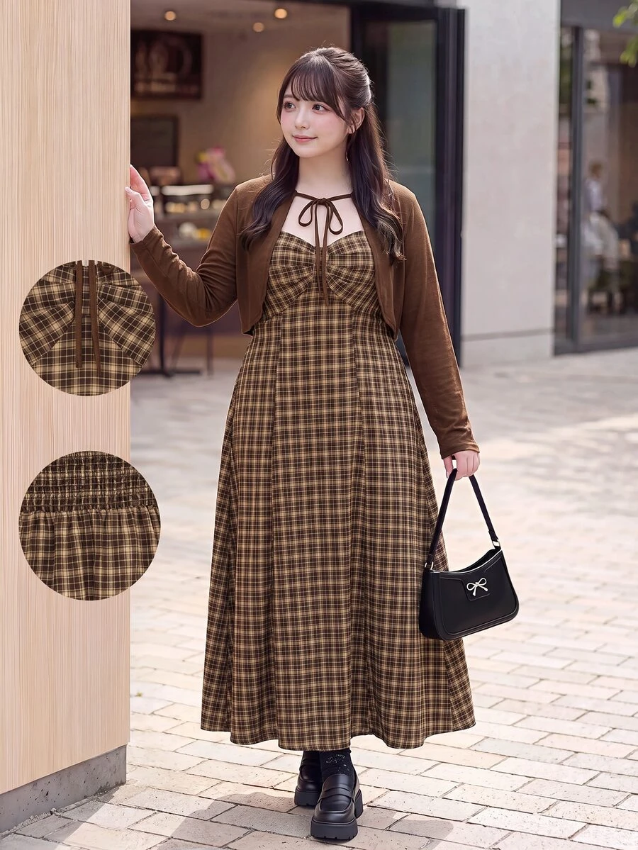 Bijouette Plus Size Women's Plaid Pleated Dress And Solid Color Cardigan Casual 2 Pieces Set Fall - Coffee Brown - View 1