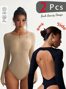 SHEIN Velisys Women's Solid Color Round Neck Long Sleeve Casual Sports Jumpsuit - Multicolor - View 2