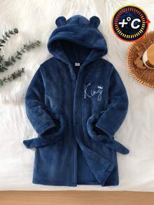 Boys' Simple Royal Blue Plush Long Sleeve Hooded Robe Loungewear - Blue - View 3