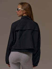 Musera Sport Funnel Neck Zip Through Panelled Cinch Bungee Hem Loose Oversized Fit Track Jacket Fall Winter Autumn Fitness Gym Pilates - Black - View 4