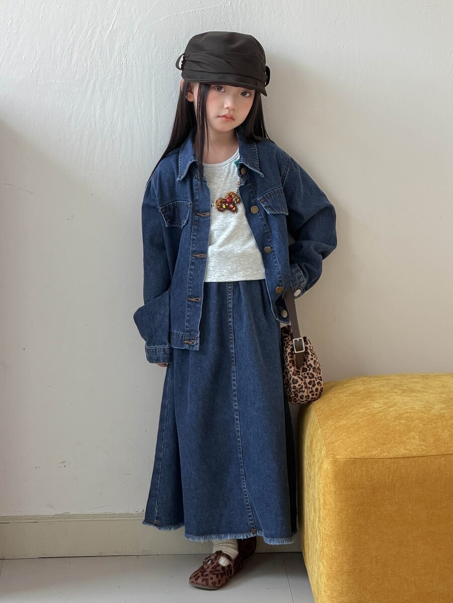 DAZY (Gadis Remaja) Set Denim 2 Potong Kasual Lucu Bahan Denim Washed Lengan Panjang Berkerah + Rok Lipit A-Line Kasual - Dark Wash - View 1