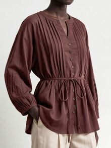 Aalyst Blus Wanita Warna Polos Leher V Lengan Panjang Lipit dengan Ikatan di Depan - Coklat - View 6