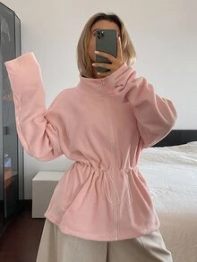DAZY Women's Colorblock Half-High Neck Button-Front Loose Drop Shoulder Long Sleeve Casual Versatile Sweatshirt - Pink - View 4