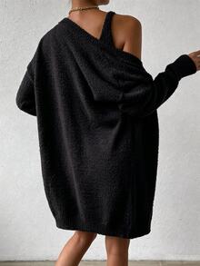 SHEIN LUNE 女款純色內搭上衣、長袖開襟衫與短褲針織三件套 - 黑色 - 查看 5