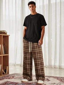 SWAVVY Men's Plaid Drawstring Waist Wide Leg Loose Fit Long Pants - Coffee Brown - View 5
