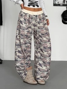 StreetHx Women's Camouflage Print Drawstring Waist Pocket Sweatpants - Apricot - View 6