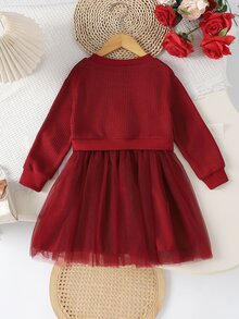 SHEIN Playful Pals 女童甜美優雅公主風波浪裙，酒紅配白色羅紋蝴蝶結網紗拼接長袖圓領常規款，生日派對秋季假期穿搭 - 酒紅色 - 查看 2
