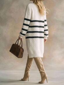 Solivie Women's Autumn/Winter White Mink Fur Sweater Cardigan, Contrast Color Inner, Long Leg Style - White - View 2