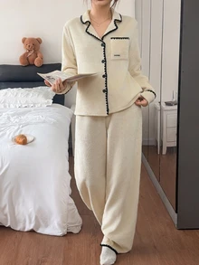 Lazeform Women's Casual Plush Trim Pajama Set - Apricot - View 4