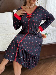 CottageSlumber Cherry Print Long Sleeve Plus Size Nightgown, V-Neck Chinese Style Frog Button Design Loungewear - Multicolor - View 6