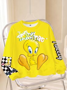 LOONEY TUNES X SHEIN 女款字母卡通印花圓領長袖休閒運動衫 - 白色 - 查看 1