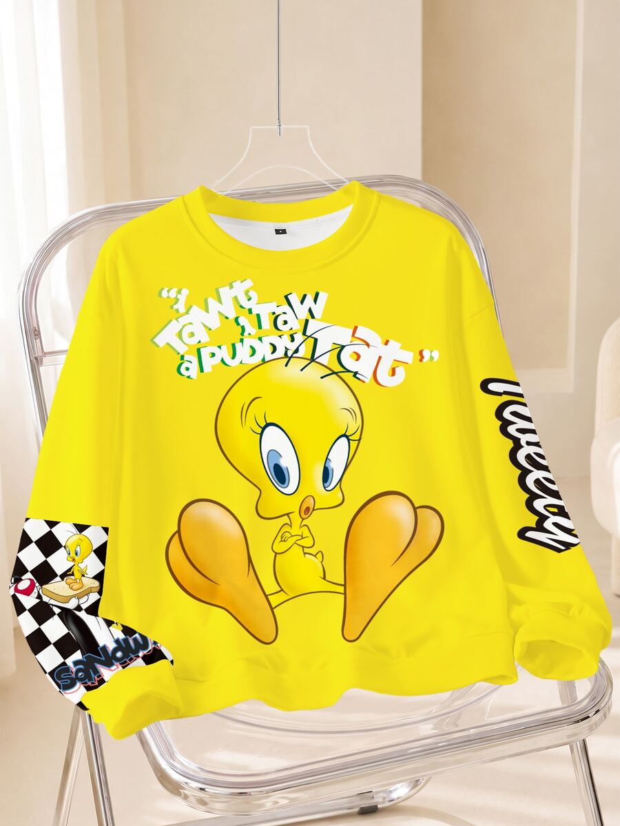 LOONEY TUNES X SHEIN 女款字母卡通印花圓領長袖休閒運動衫 - 白色 - 查看 1
