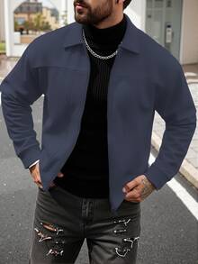 Manfinity CasualCool Men's Solid Color Long Sleeve Zip-Up Casual Jacket - Navy Blue - View 1