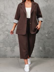SHEIN LUNE 2pcs Plus Size Women's Striped Collar Top And Pants Set Fall - Coffee Brown - View 4