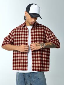 Rick and Morty X SHEIN Men's Plaid Letter Cartoon Pattern Casual Daily Short Sleeve Shirt - Red - View 6