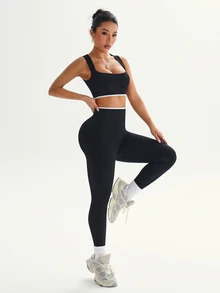 SHEIN Velisys 女款拼色短版上衣與緊身褲休閒日常運動套裝 - 彩色 - 查看 6