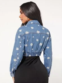 SHEIN SXY 女款雛菊圖案單排扣長袖休閒牛仔夾克 - 淺色水洗藍 - 查看 6
