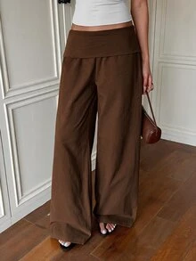 SHEIN EZwear Women's Solid Color Pleated Casual Versatile Daily Wear Long Pants - Brown - View 3