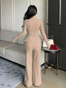 DAZY Women's Elegant Solid Color Long Sleeve Single-Breasted Top And Flare Pants 2 Pieces Set - Khaki - View 4