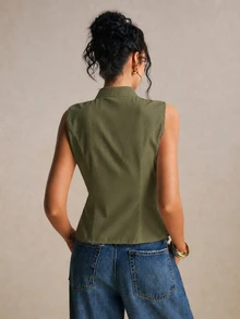 Poéselle 女款純色金屬鈕扣前開襟休閒背心外套 - 軍綠色 - 查看 2