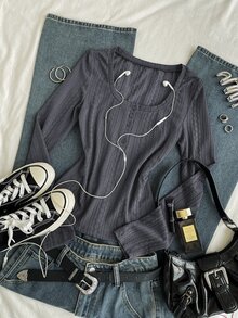 Attitoon Women's Korean Style Textured Button Long Sleeve T-Shirt For Daily Wear And Vacation - Grey - View 3