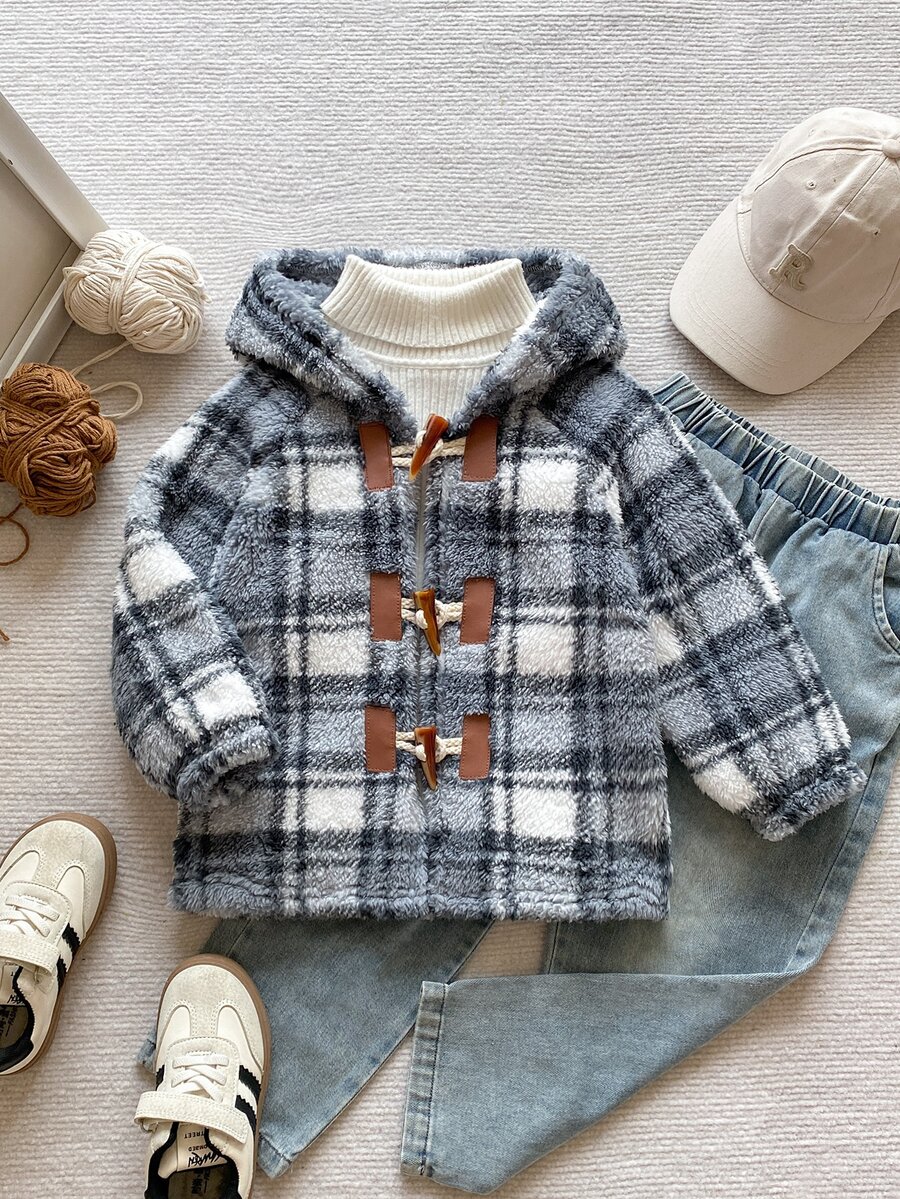 PrepCrw Young Boy Casual College Style Loose Hooded Plaid Fleece Jacket Suitable For Outings, School, Spring, Autumn And Winter - Multicolor - View 1
