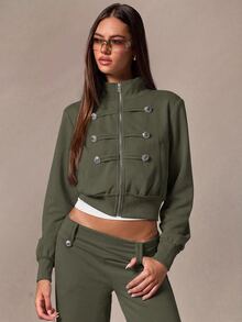 Athîral Women's Casual Zip-Up Long Sleeve Napoleon Sweatshirt - Army Green - View 4