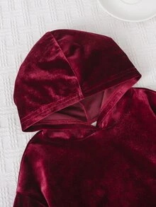 SHEIN 女嬰針織純色連帽休閒衛衣與長褲兩件套 - 酒紅色 - 查看 6