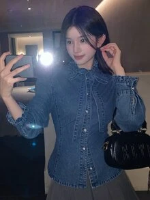 DAZY Women's Small Stand Collar Tie-Neck Casual Elegant Denim Top - Medium Wash - View 2