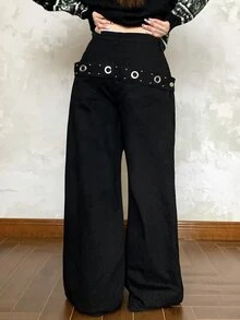 DAZY Women's Washed Loose Fit Jeans With Eyelet Studs And Back Pocket Design - Black - View 3