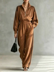 SHEIN جمبسوت نسائي رياضي عتيق من الشمواه باللون البني الكاكي، بياقة واقفة وسحاب أمامي وجيوب وتصميم كتل لونية، بأكمام طويلة، كاجوال وأنيق للشارع والتنقل، لفصلي الخريف والشتاء - بني - مشاهدة 6