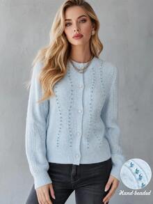 SHEIN Cardigan Rajut Mutiara Imitasi Elegan untuk Wanita - Baby Blue - View 1