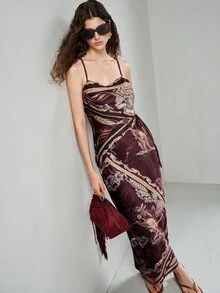 MOTF PREMIUM WOMEN'S KANGAROO PATTERN ELEGANT SATIN SPAGHETTI STRAP DRAPED DRESS - Burgundy - View 2
