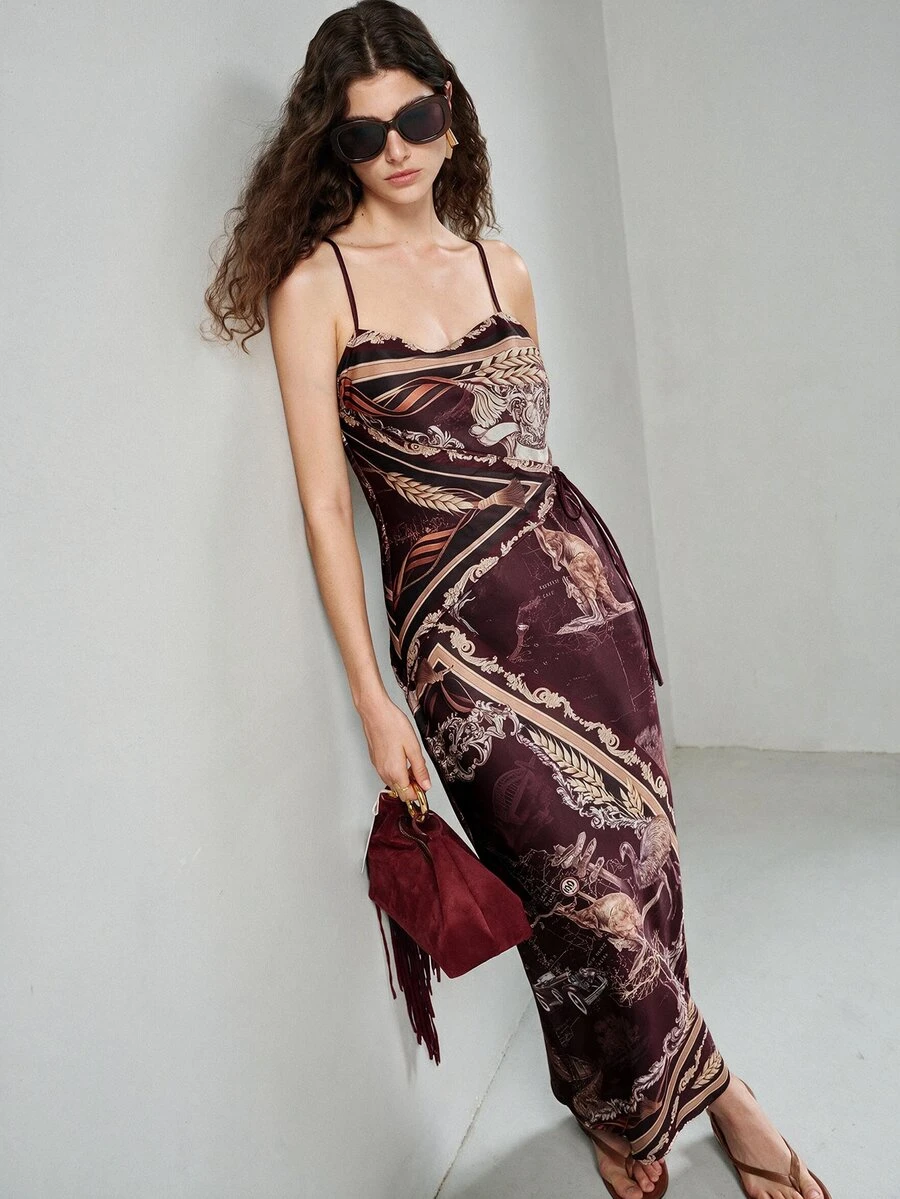 MOTF PREMIUM WOMEN'S KANGAROO PATTERN ELEGANT SATIN SPAGHETTI STRAP DRAPED DRESS - Burgundy - View 2