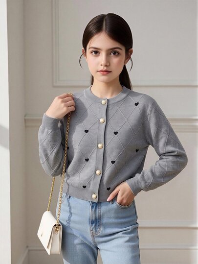 SHEIN Girls' Autumn/Winter Fashion Cute Pattern Versatile Knitted Cardigan Sweater Long Sleeve, And Unique With Bows And Buttons Adding A Touch Of Sweetness. Elegant Grey Color, Soft Fabric, Easy To Pair With Jeans And Short Skirts, Suitable For Various Occasions Like Parties, Outings, Shopping, School, Etc.
