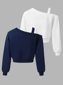 SHEIN 青少年女孩 2 件組蝴蝶結印花露肩休閒衛衣 秋冬穿搭 舒適日常款 - 彩色 - 查看 2