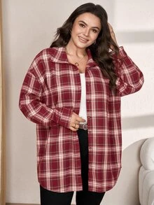 SHEIN LUNE 大尺碼女款格紋長袖單排扣休閒襯衫 - 彩色 - 查看 8